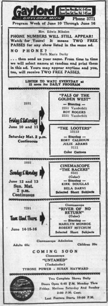 Gaylord Cinema - June 6 1955 Ad